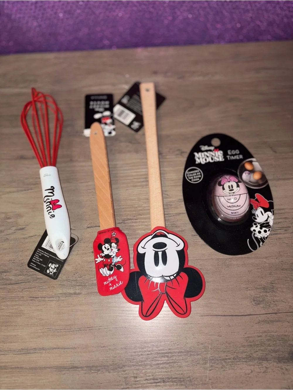 🏝️🎉Disney Minnie Mouse 4-Piece Baking Set NWT Whisk Spatulas Egg Timer
